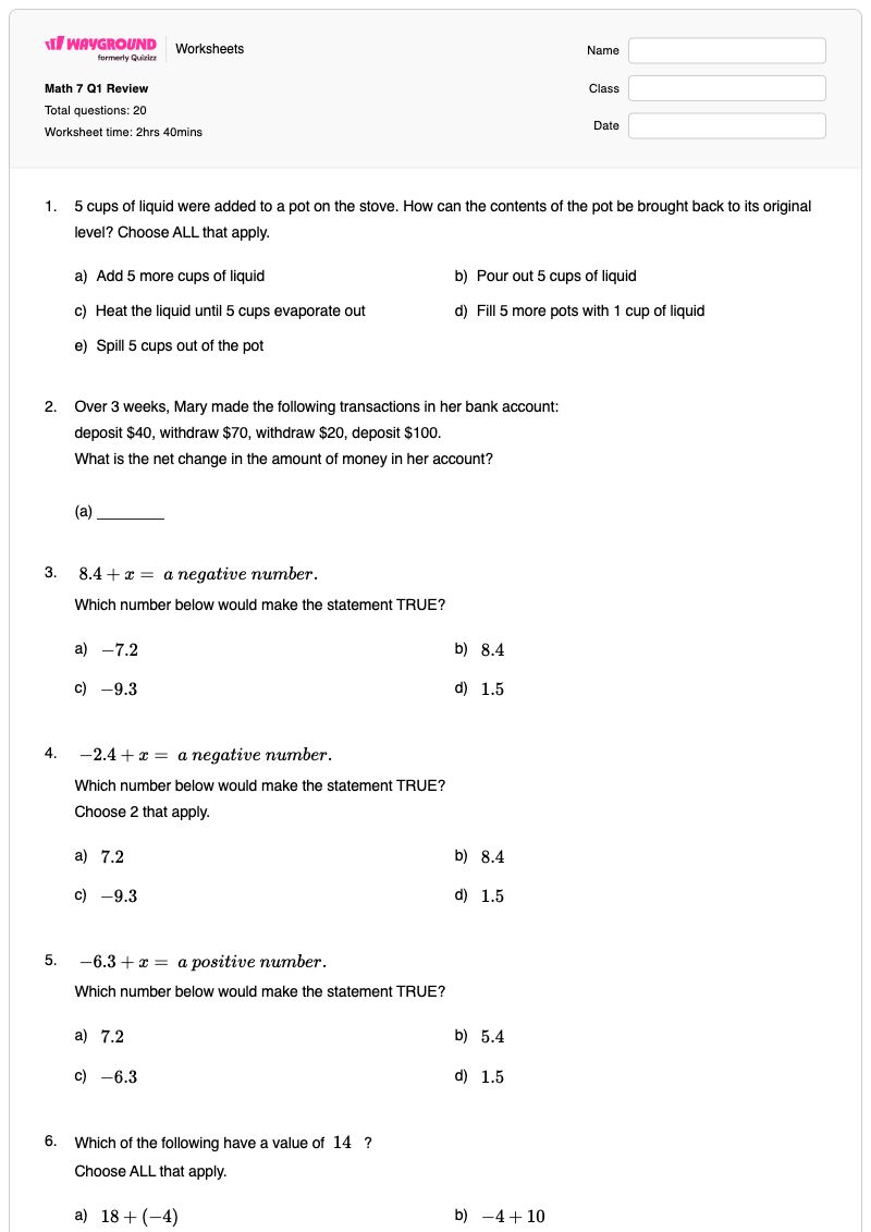 Math 7 Q1 Review - พิมพ์ได้ Net-pay เวิร์กชีท ระดับ 7 - Wayground