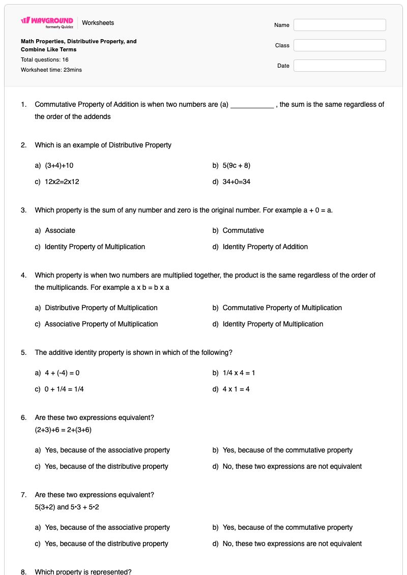 Math Properties, Distributive Property, and Combine Like Terms - พิมพ์ได้ ทรัพย์สินการแจกแจง เวิร์กชีท ระดับ 6 - Wayground