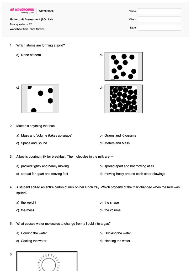 Matter Unit Assessment (SOL 5.4) - พิมพ์ได้ สารละลายและส่วนผสม เวิร์กชีท - Wayground