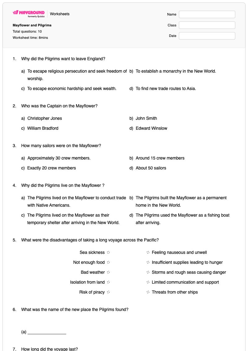 Mayflower and Pilgrims - พิมพ์ได้ การแก้ไขข้อขัดแย้ง เวิร์กชีท ระดับ 3 - Wayground
