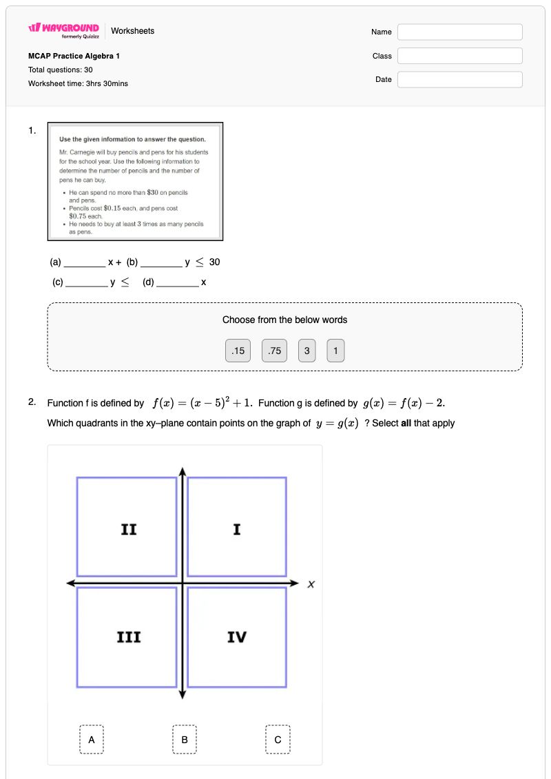 MCAP Practice Algebra 1 - พิมพ์ได้ Comparing-and-ordering-real-numbers เวิร์กชีท ระดับ 9 - Wayground