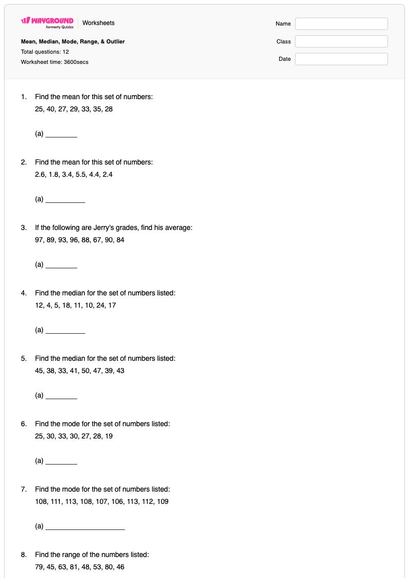 Mean, Median, Mode, Range, & Outlier  - Printable Mean-median-and-mode Worksheets Class 4 - Wayground