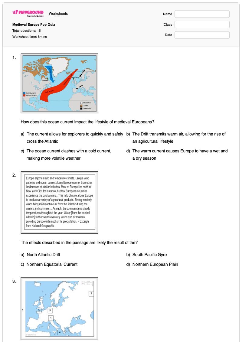 Medieval Europe Pop Quiz - Printable Medieval-europe Worksheets Class 7 - Wayground