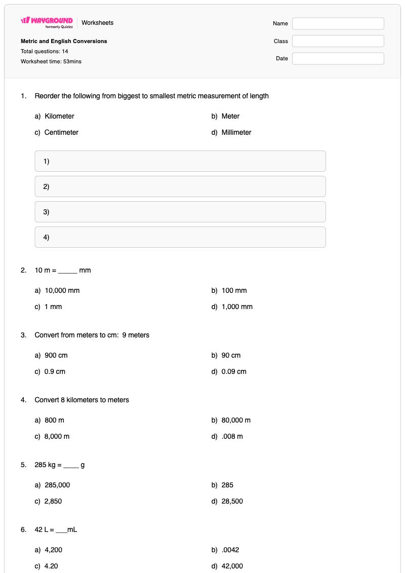 Metric and English Conversions - Printable Metric-measurement Worksheets - Wayground