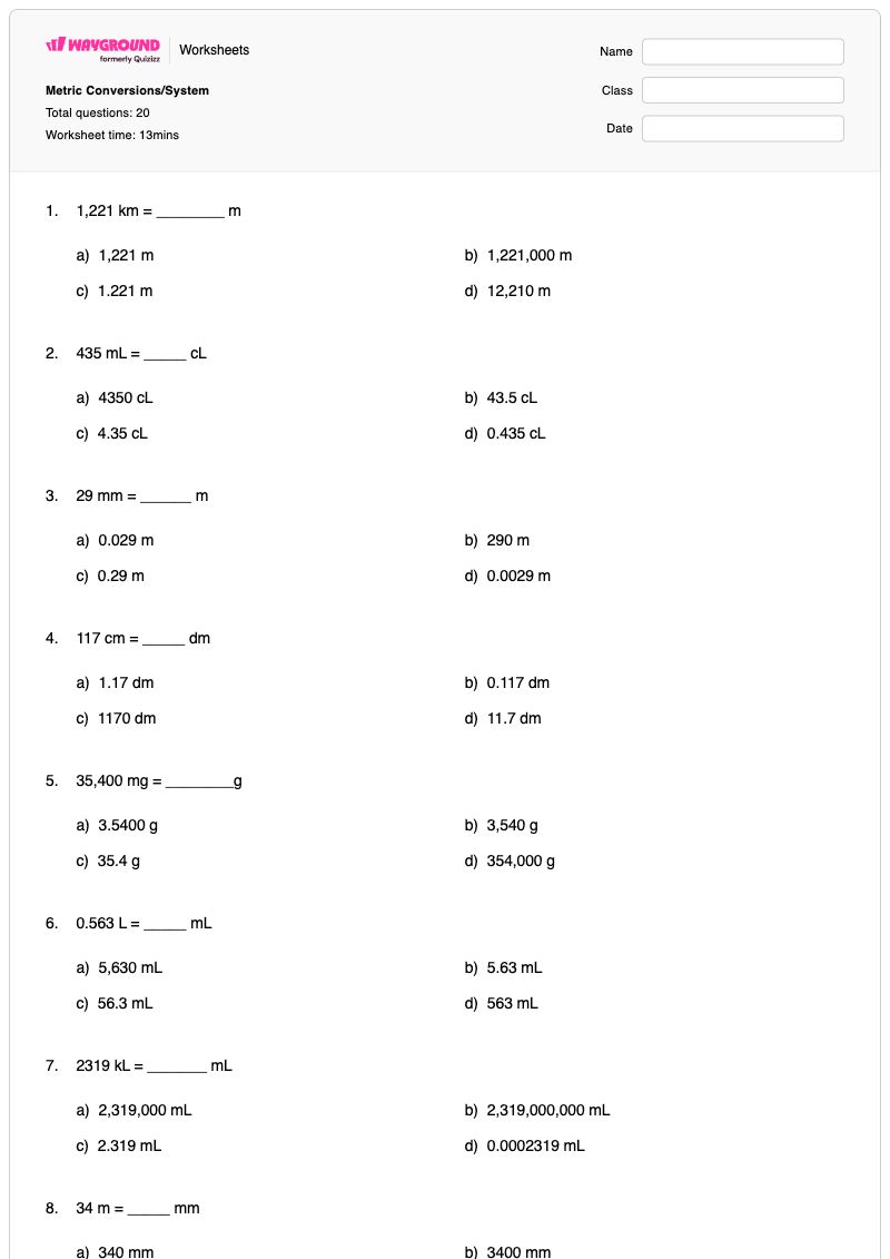 Metric Conversions/System - พิมพ์ได้ การแปลง เวิร์กชีท ระดับ 7 - Wayground
