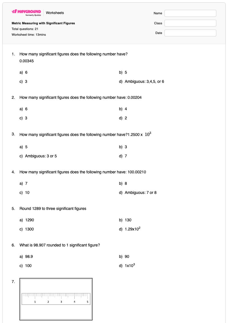 Metric Measuring with Significant Figures - พิมพ์ได้ ตัวเลขที่สำคัญ เวิร์กชีท ระดับ 10 - Wayground