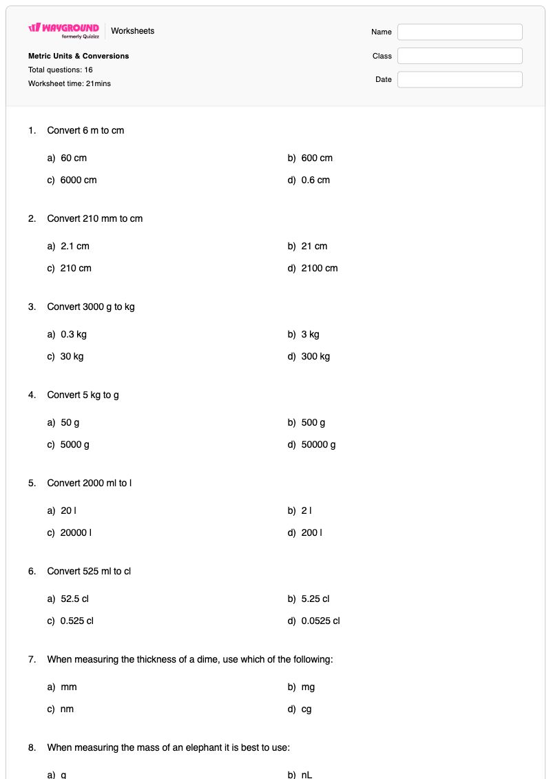 Metric Units & Conversions - พิมพ์ได้ การแปลง เวิร์กชีท ระดับ 7 - Wayground