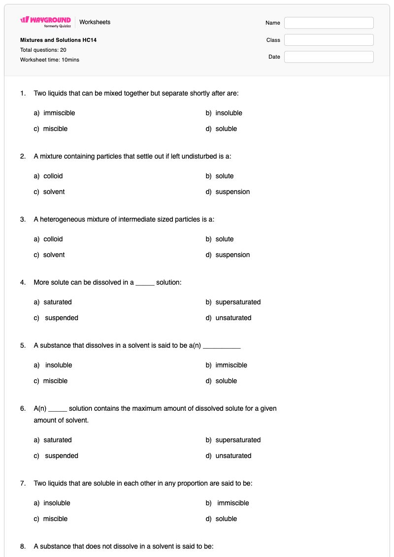 Mixtures and Solutions HC14 - พิมพ์ได้ สารละลายและส่วนผสม เวิร์กชีท - Wayground