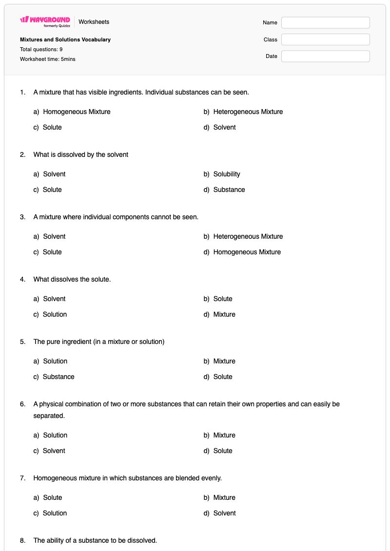 Mixtures and Solutions Vocabulary - พิมพ์ได้ สารละลายและส่วนผสม เวิร์กชีท - Wayground