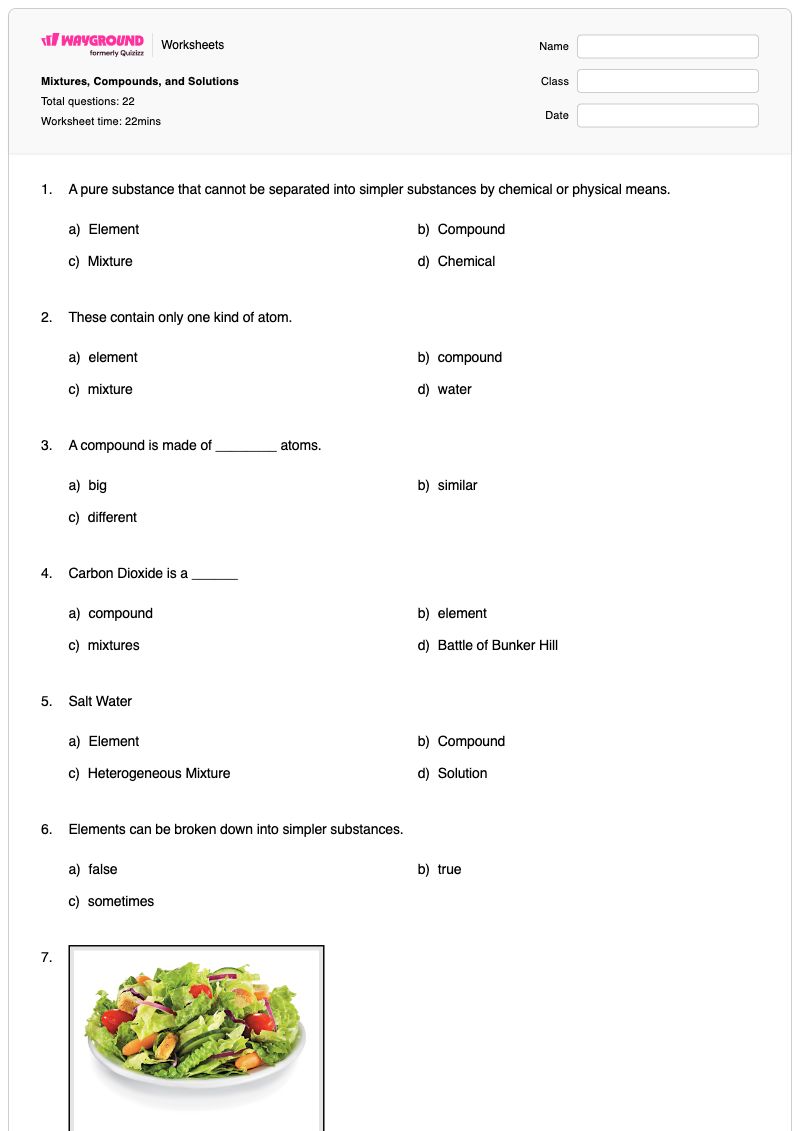 Mixtures, Compounds, and Solutions - พิมพ์ได้ สารละลายและส่วนผสม เวิร์กชีท - Wayground