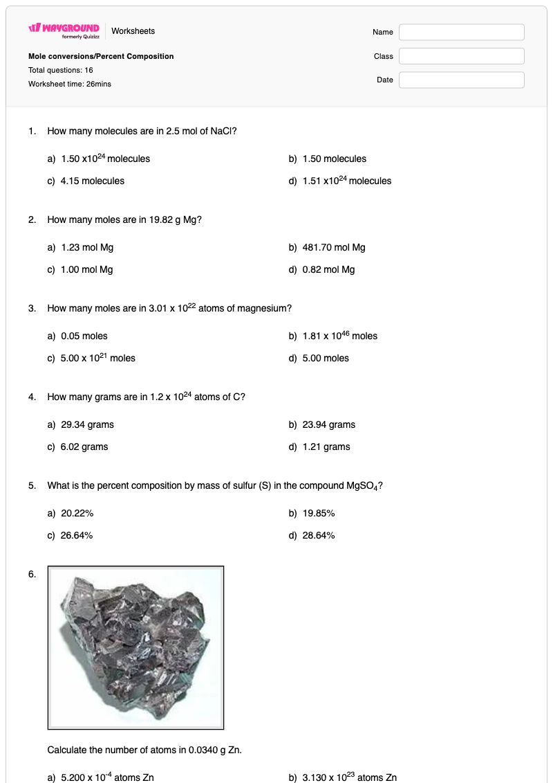 Mole conversions/Percent Composition - พิมพ์ได้ การแปลง เวิร์กชีท ระดับ 10 - Wayground
