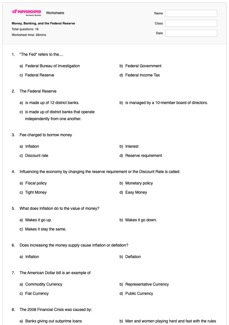 Money, Banking, and the Federal Reserve - Printable Money-and-banking Worksheets - Wayground