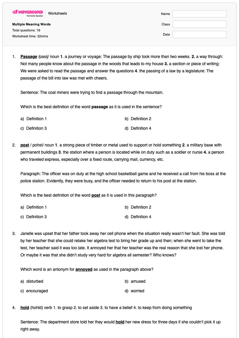 Multiple Meaning Words - พิมพ์ได้ คำที่มีหลายความหมาย เวิร์กชีท โรงเรียนอนุบาล - Wayground