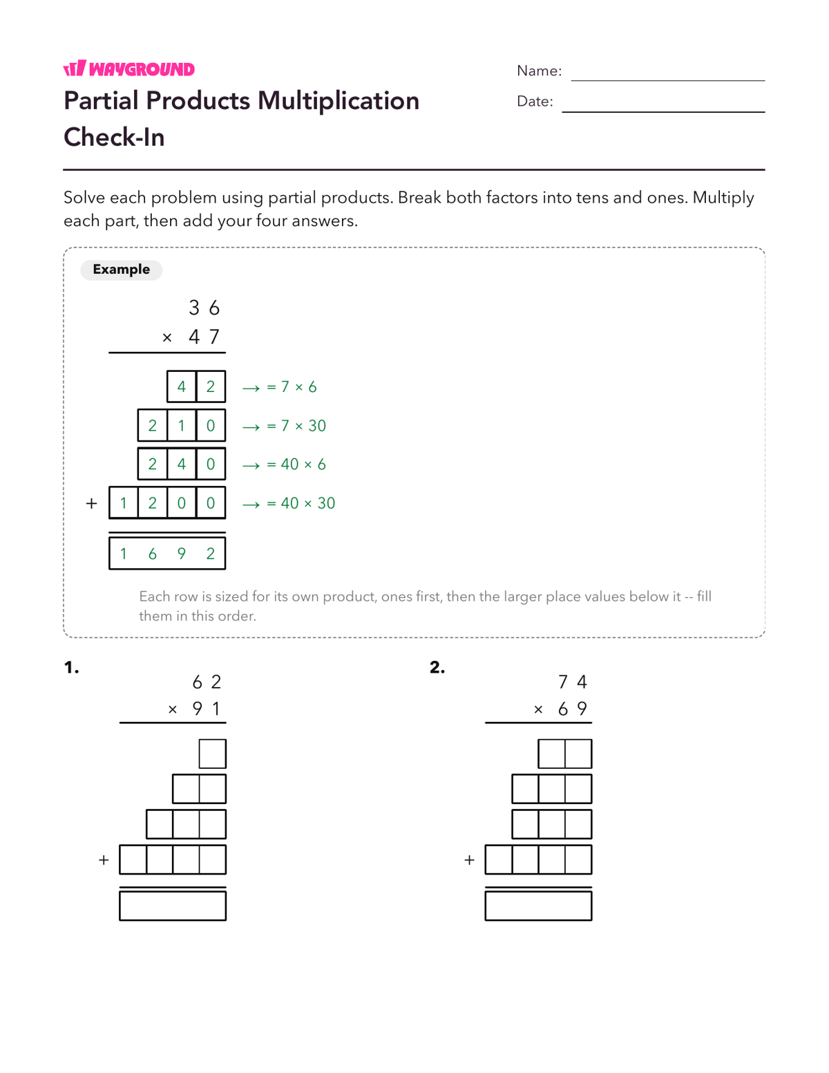 Partial Products Multiplication Check-In - Printable Multiplication-and-partial-products Worksheets Class 3 - Wayground