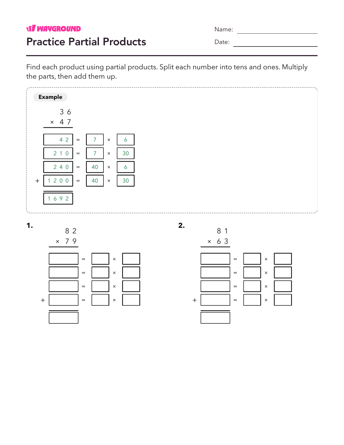 Practice Partial Products - Printable Multiplication-and-partial-products Worksheets Class 3 - Wayground