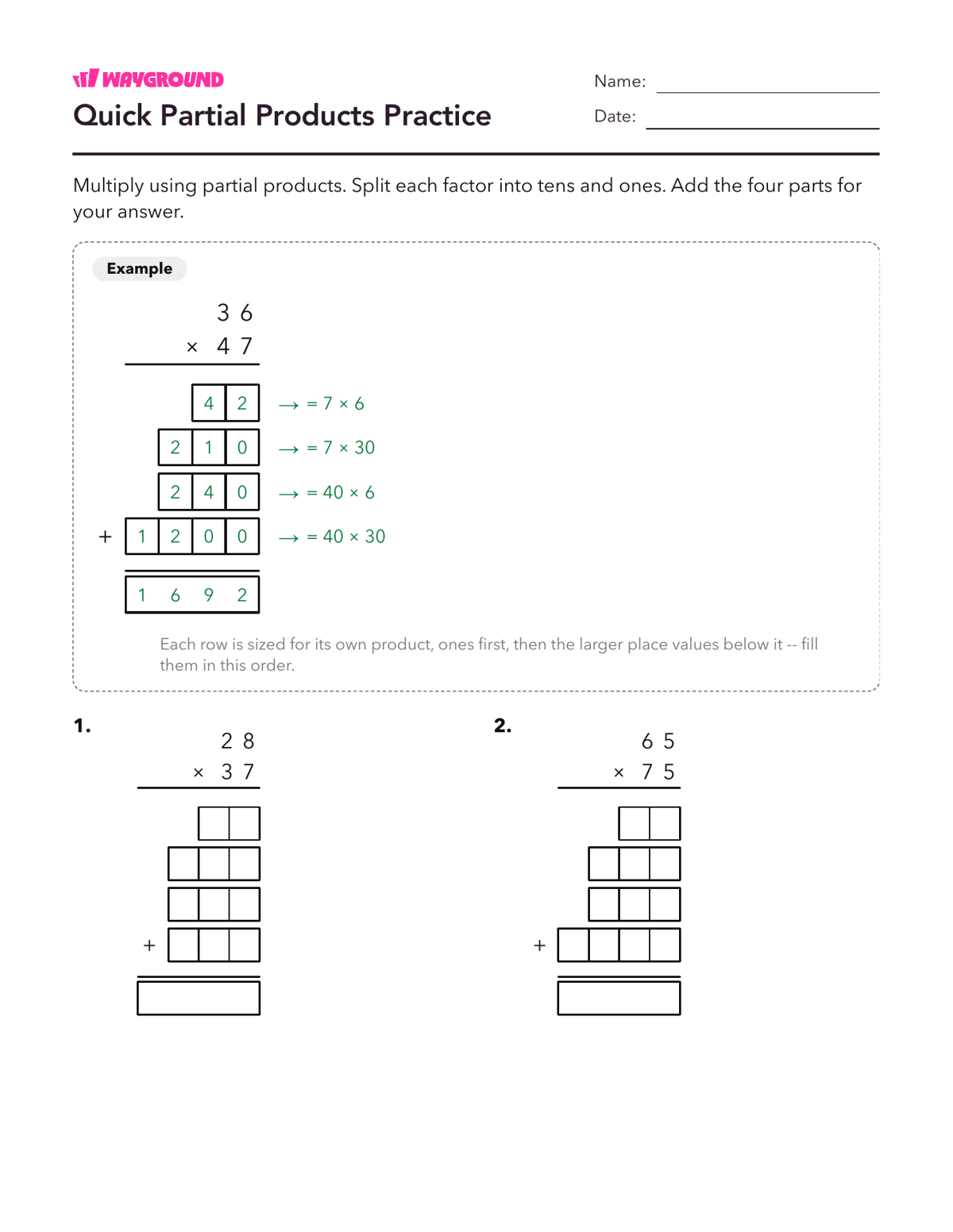 Quick Partial Products Practice - Printable Multiplication-and-partial-products Worksheets Class 3 - Wayground