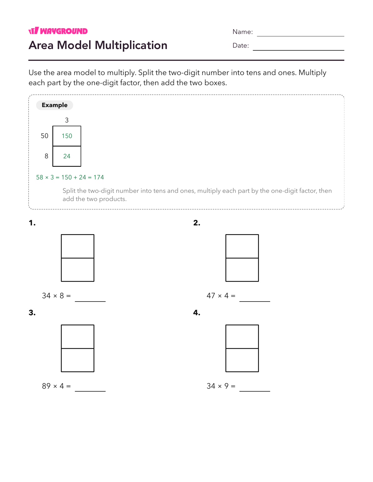 Area Model Multiplication - Printable Multiplication-and-partial-products Worksheets Class 3 - Wayground