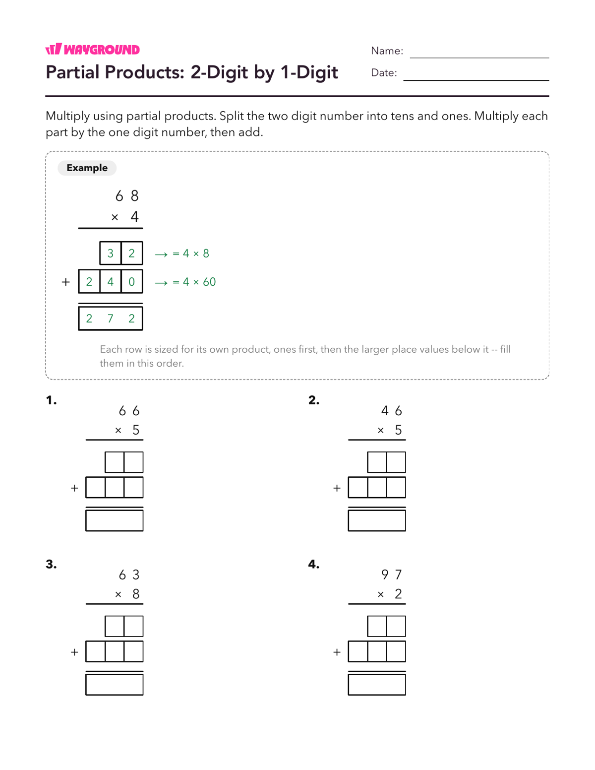 Partial Products: 2-Digit by 1-Digit - Printable Multiplication-and-partial-products Worksheets Class 3 - Wayground