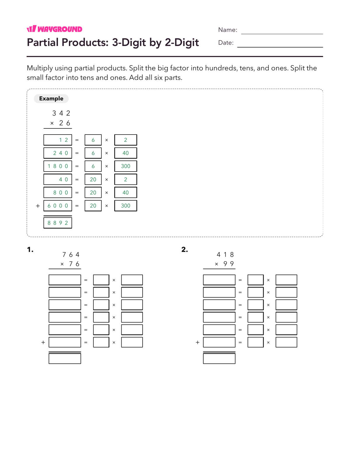 Partial Products: 3-Digit by 2-Digit - Printable Multiplication-and-partial-products Worksheets Class 3 - Wayground