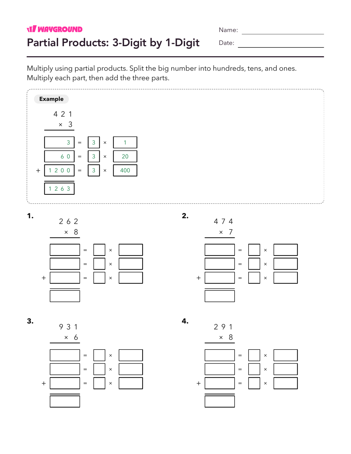 Partial Products: 3-Digit by 1-Digit - Printable Multiplication-and-partial-products Worksheets Class 3 - Wayground