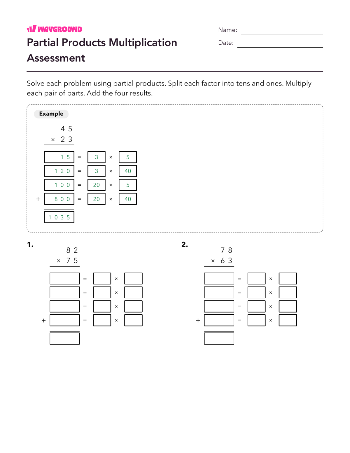 Partial Products Multiplication Assessment - Printable Multiplication-and-partial-products Worksheets Class 4 - Wayground
