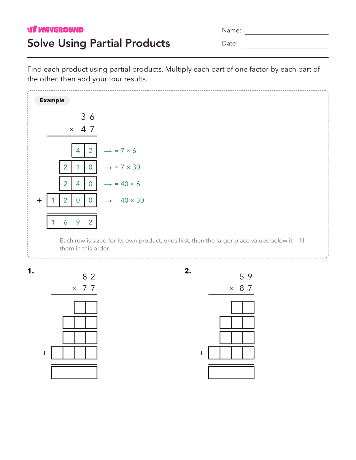 Solve Using Partial Products - Printable Multiplication-and-partial-products Worksheets Class 4 - Wayground
