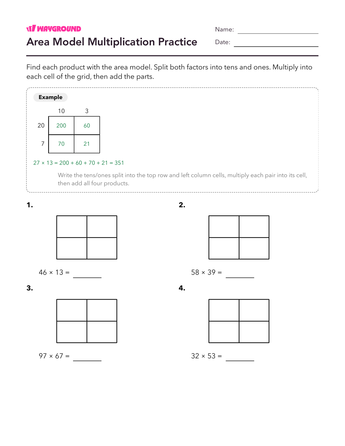 Area Model Multiplication Practice - Printable Multiplication-and-partial-products Worksheets Class 4 - Wayground
