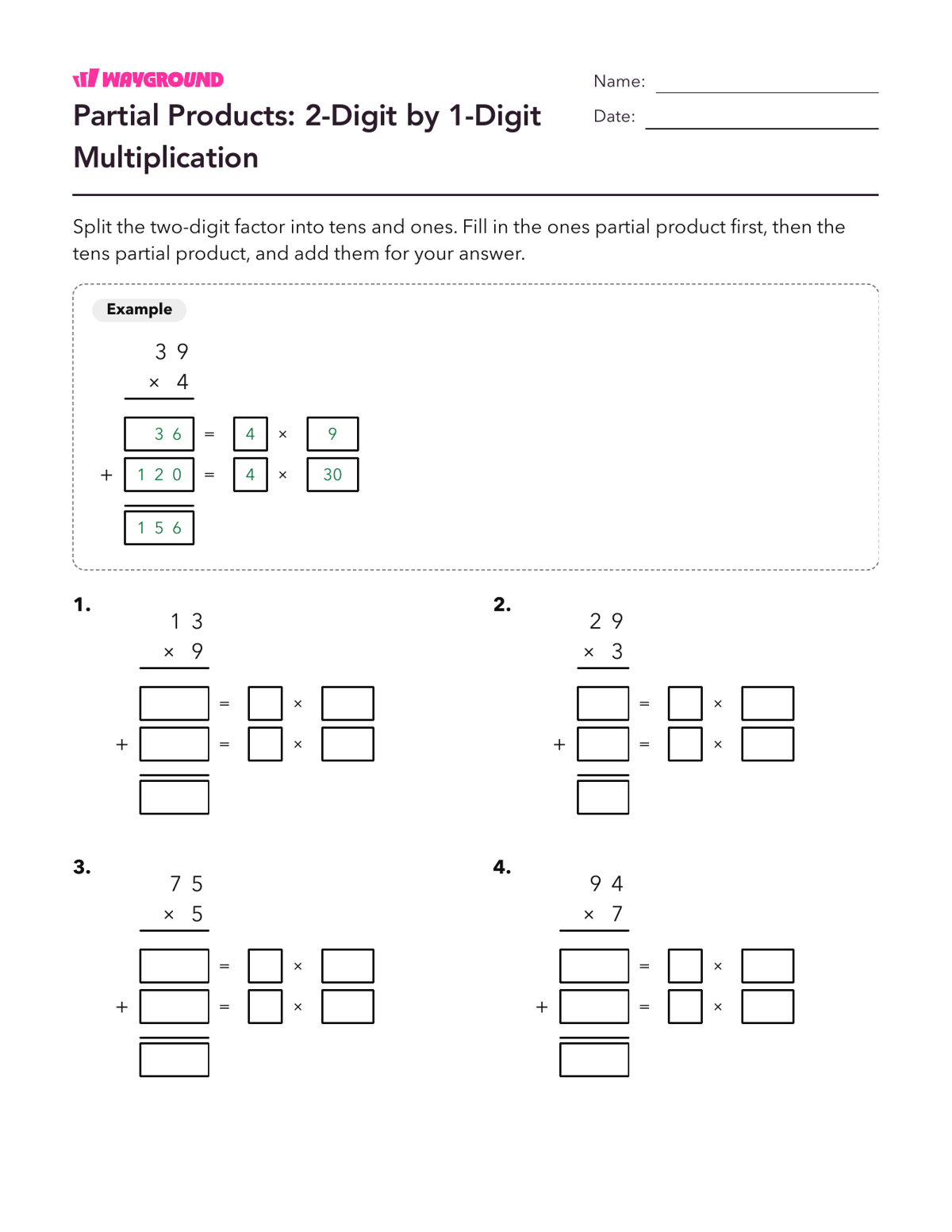 Partial Products: 2-Digit by 1-Digit Multiplication - Printable Multiplication-and-partial-products Worksheets Class 4 - Wayground