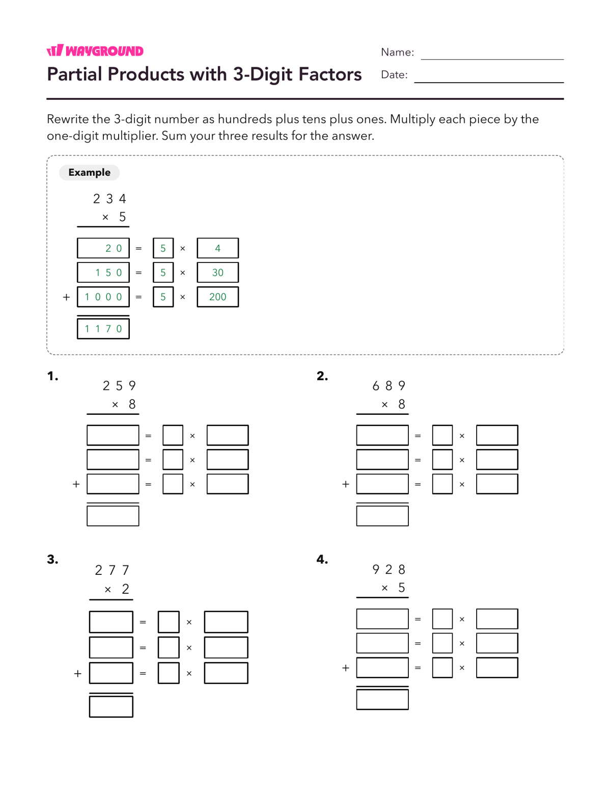 Partial Products with 3-Digit Factors - Printable Multiplication-and-partial-products Worksheets Class 4 - Wayground