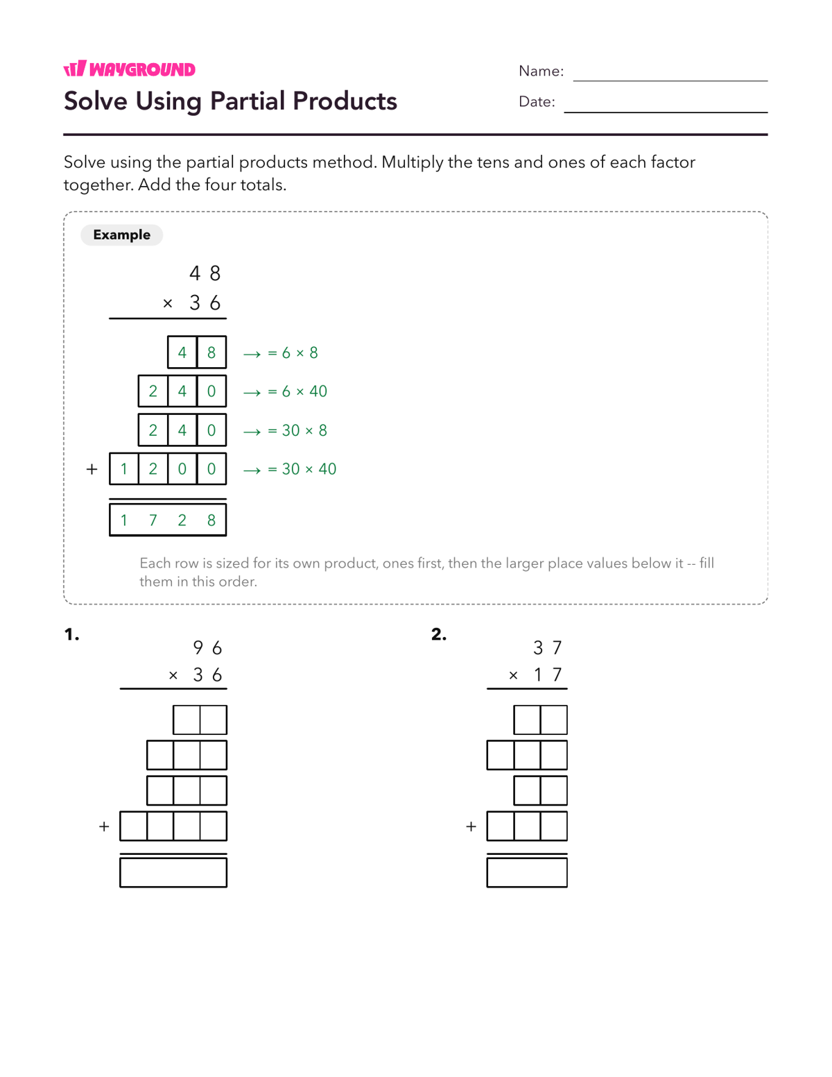 Solve Using Partial Products - Printable Multiplication-and-partial-products Worksheets Class 5 - Wayground