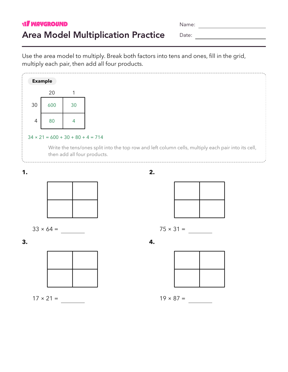 Area Model Multiplication Practice - Printable Multiplication-and-partial-products Worksheets Class 5 - Wayground