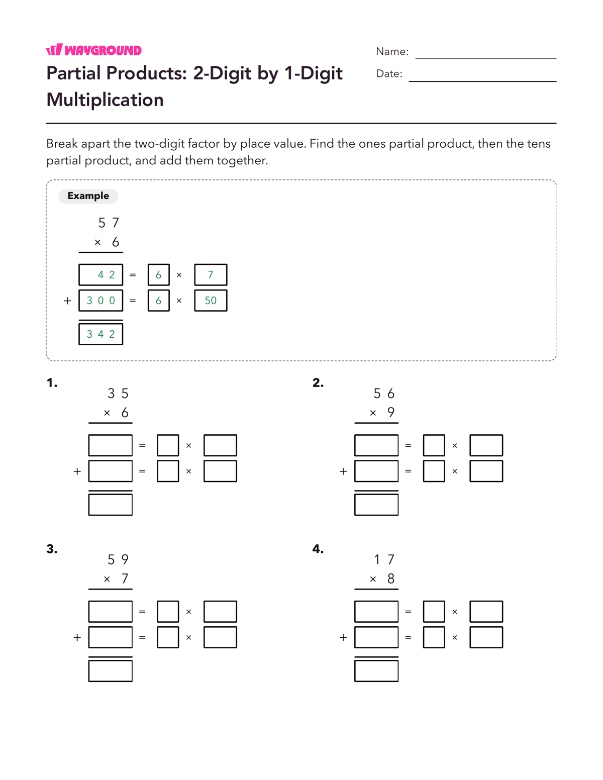 Partial Products: 2-Digit by 1-Digit Multiplication - Printable Multiplication-and-partial-products Worksheets Class 5 - Wayground