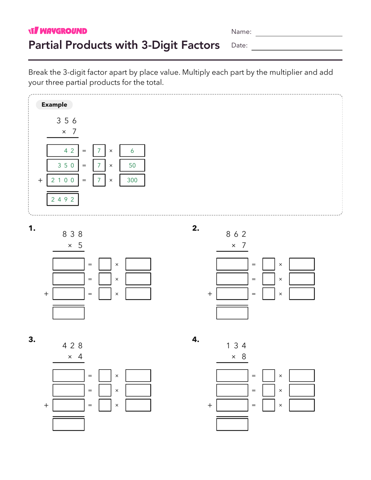 Partial Products with 3-Digit Factors - Printable Multiplication-and-partial-products Worksheets Class 5 - Wayground