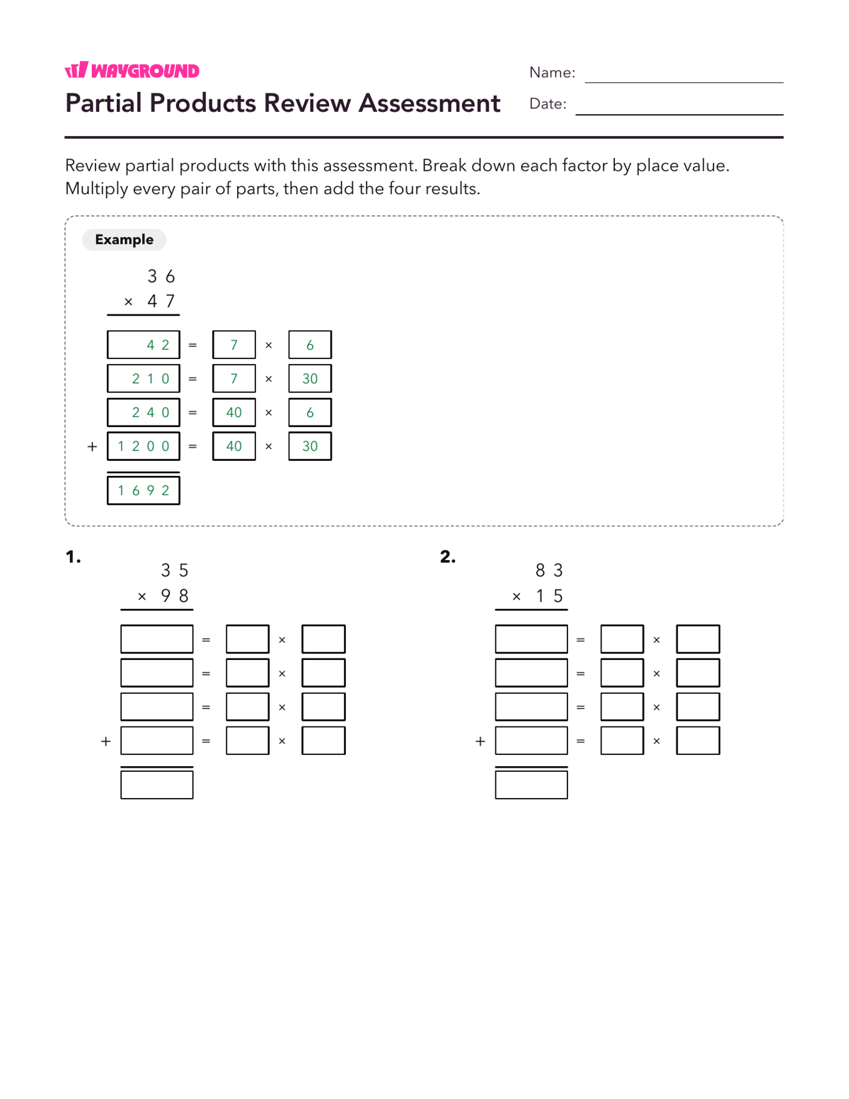 Partial Products Review Assessment - Printable Multiplication-and-partial-products Worksheets Class 6 - Wayground