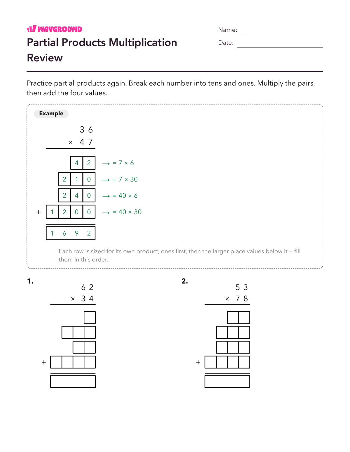 Partial Products Multiplication Review - Printable Multiplication-and-partial-products Worksheets Class 6 - Wayground