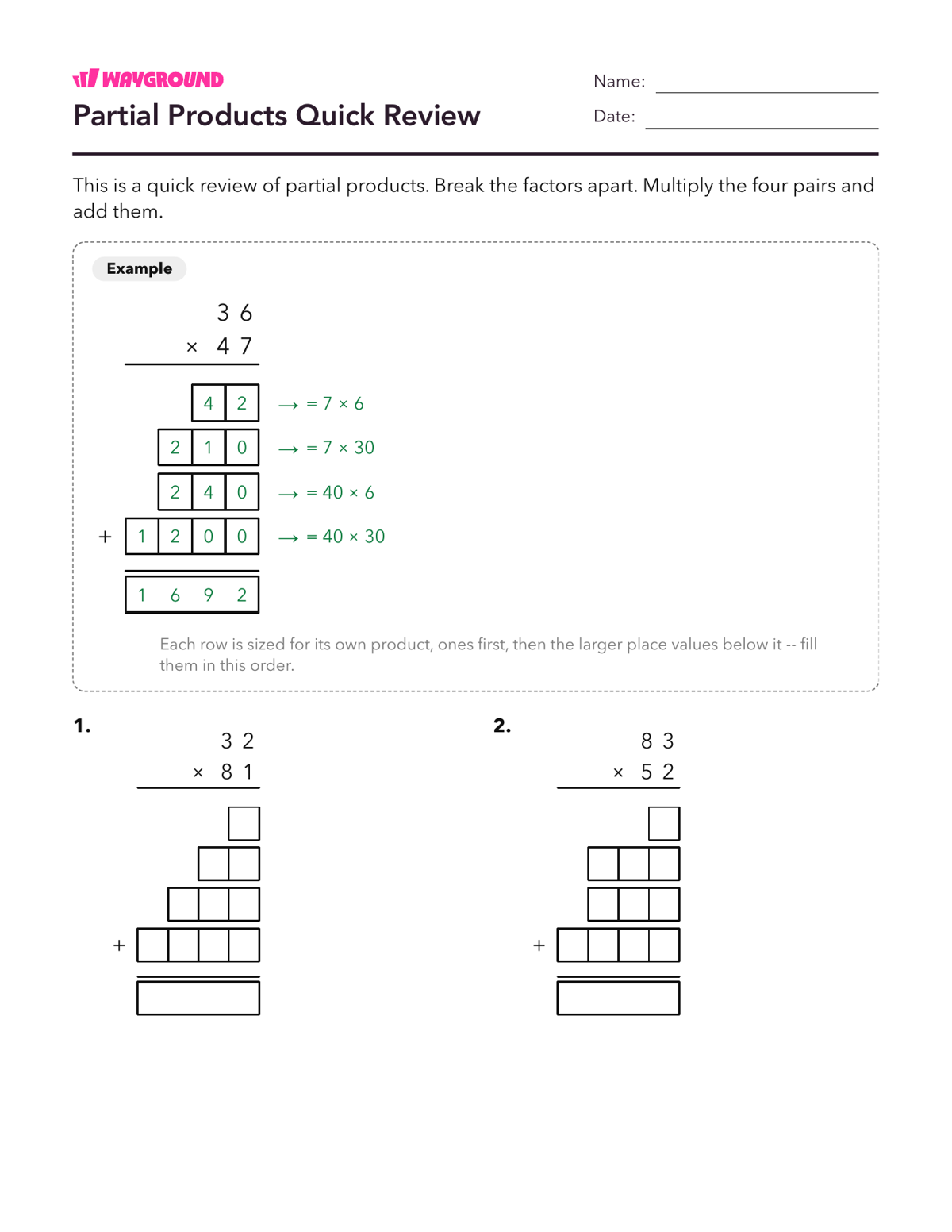 Partial Products Quick Review - Printable Multiplication-and-partial-products Worksheets Class 6 - Wayground