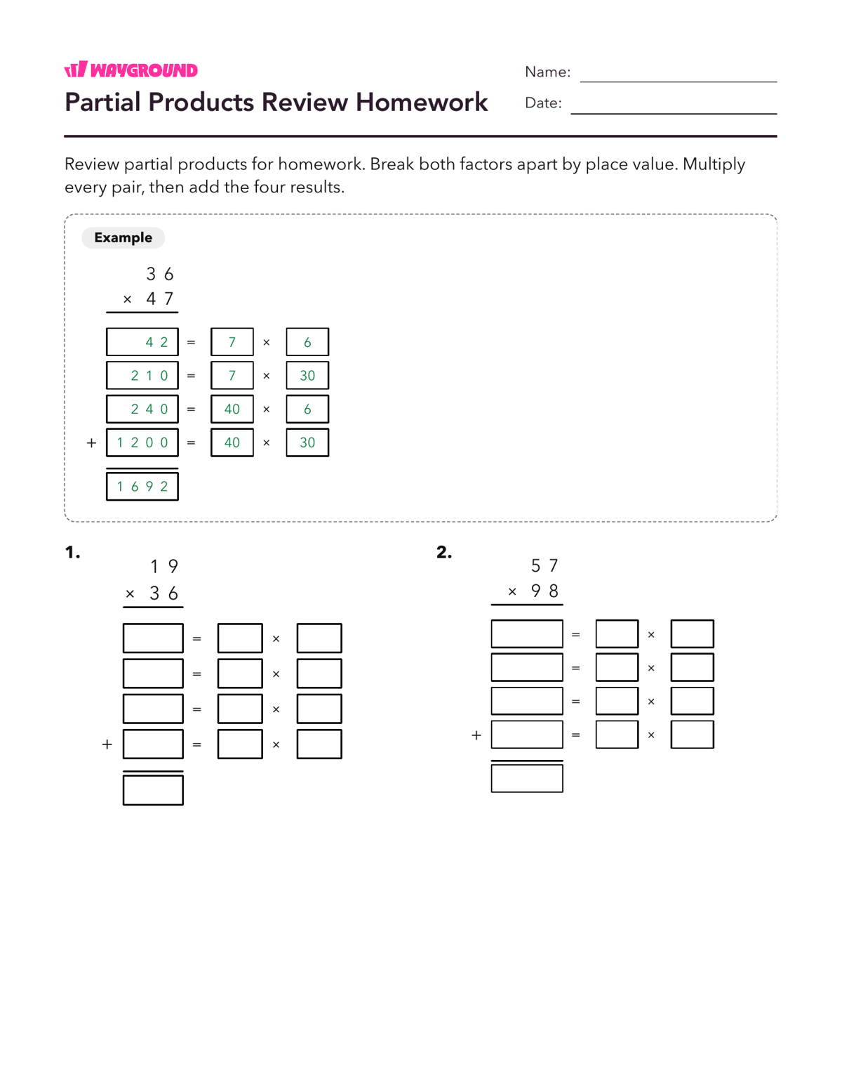 Partial Products Review Homework - Printable Multiplication-and-partial-products Worksheets Class 6 - Wayground