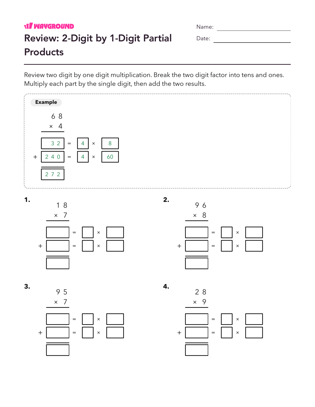 Review: 2-Digit by 1-Digit Partial Products - Printable Multiplication-and-partial-products Worksheets Class 6 - Wayground