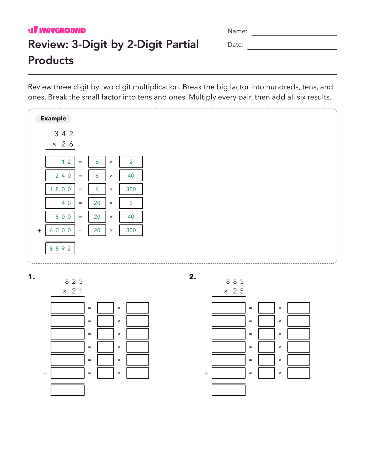 Review: 3-Digit by 2-Digit Partial Products - Printable Multiplication-and-partial-products Worksheets Class 6 - Wayground