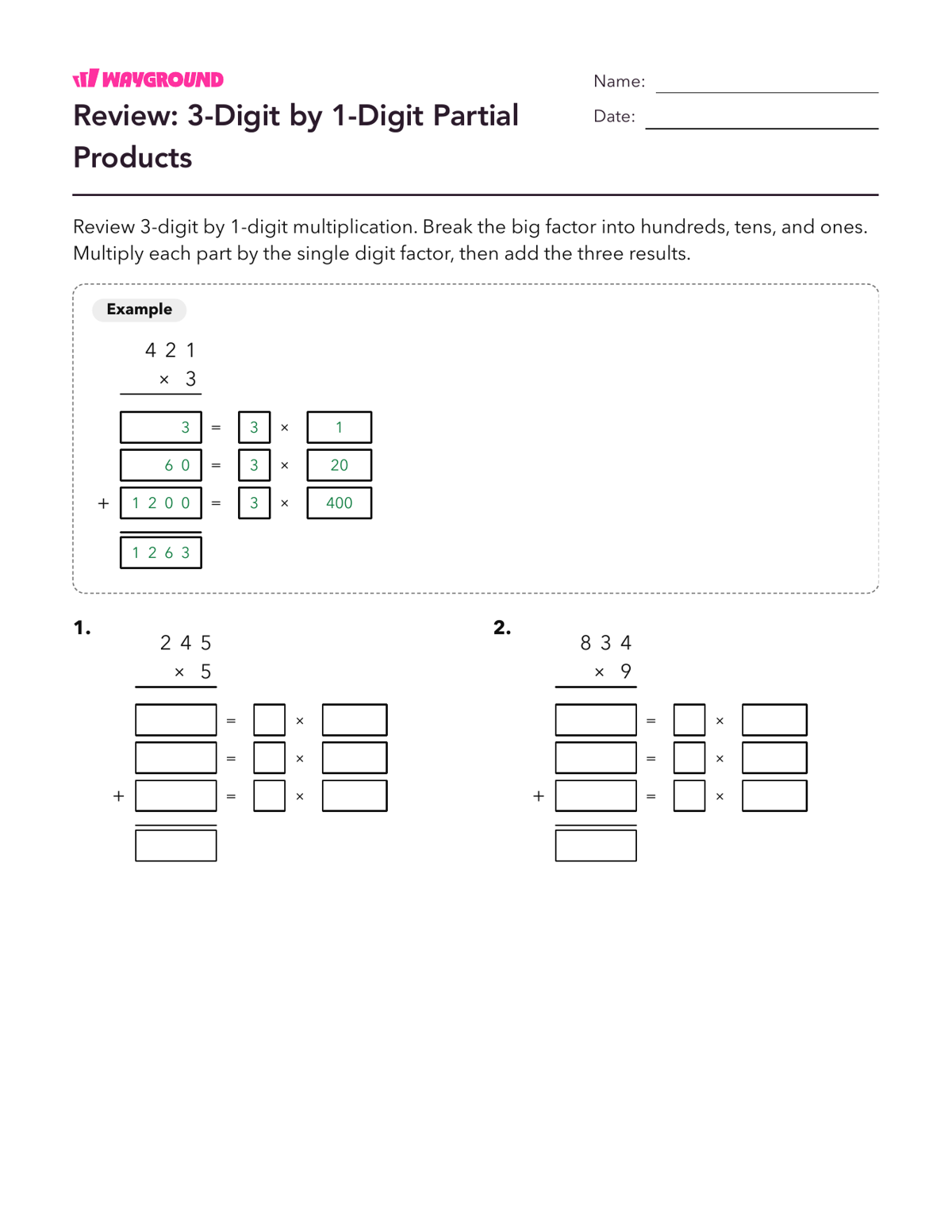 Review: 3-Digit by 1-Digit Partial Products - Printable Multiplication-and-partial-products Worksheets Class 6 - Wayground
