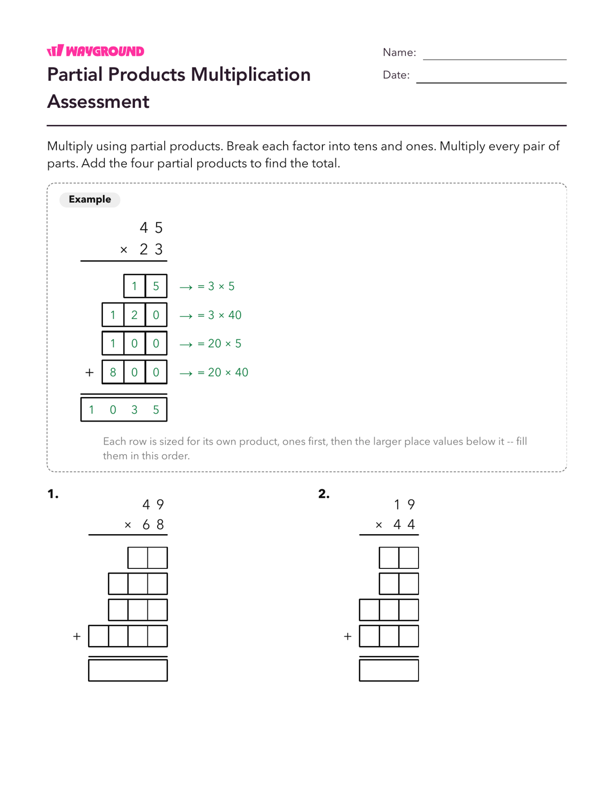 Partial Products Multiplication Assessment - Printable Multiplication-and-partial-products Worksheets - Wayground