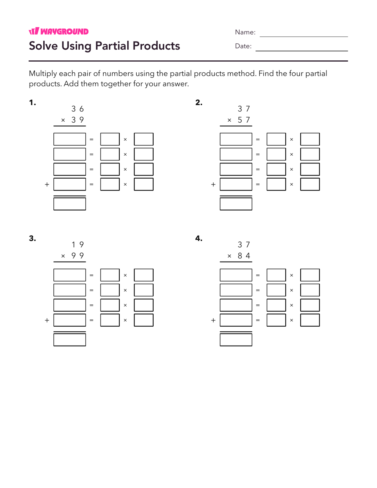 Solve Using Partial Products - Printable Multiplication-and-partial-products Worksheets - Wayground