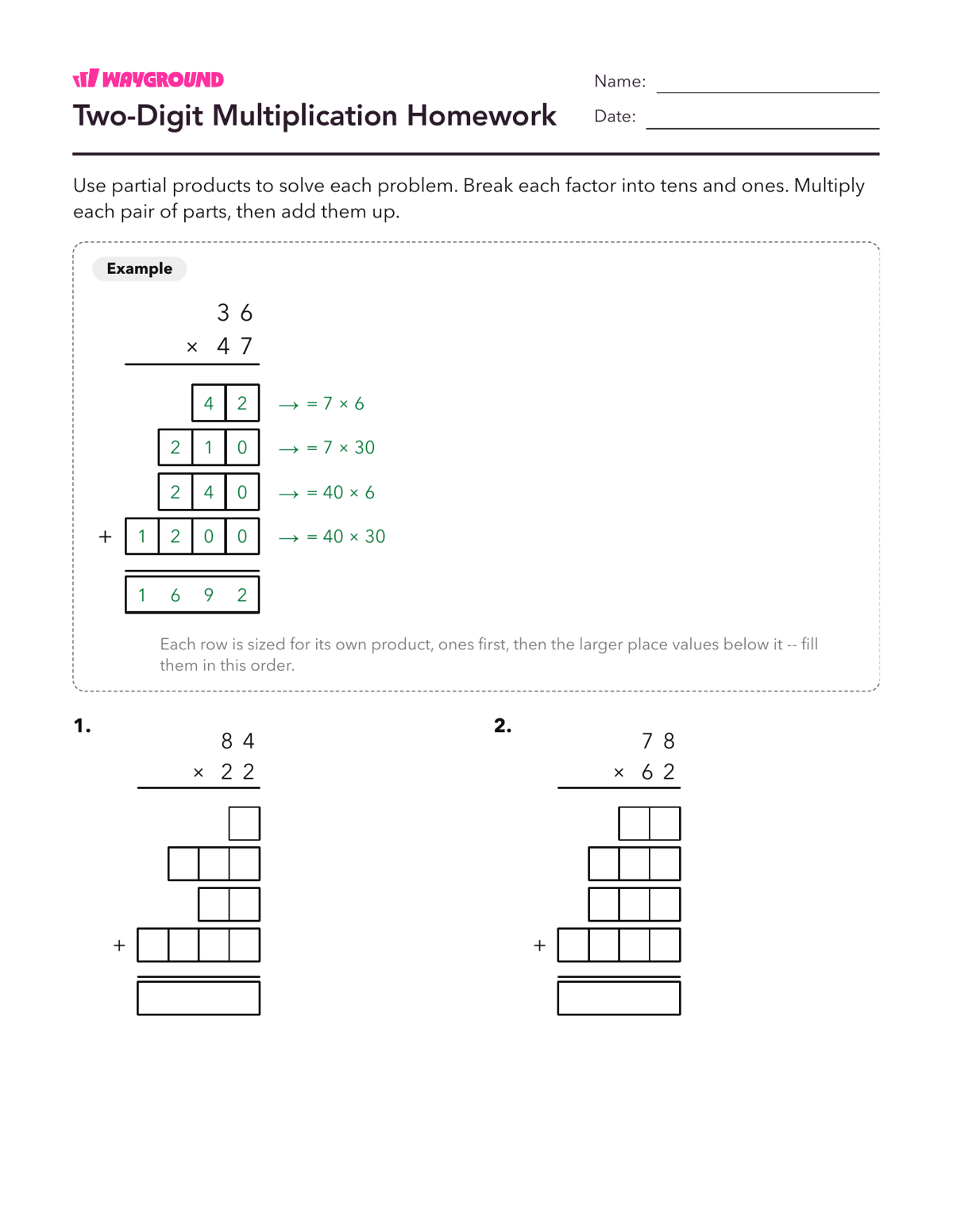 Two-Digit Multiplication Homework - Printable Multiplication-and-partial-products Worksheets - Wayground