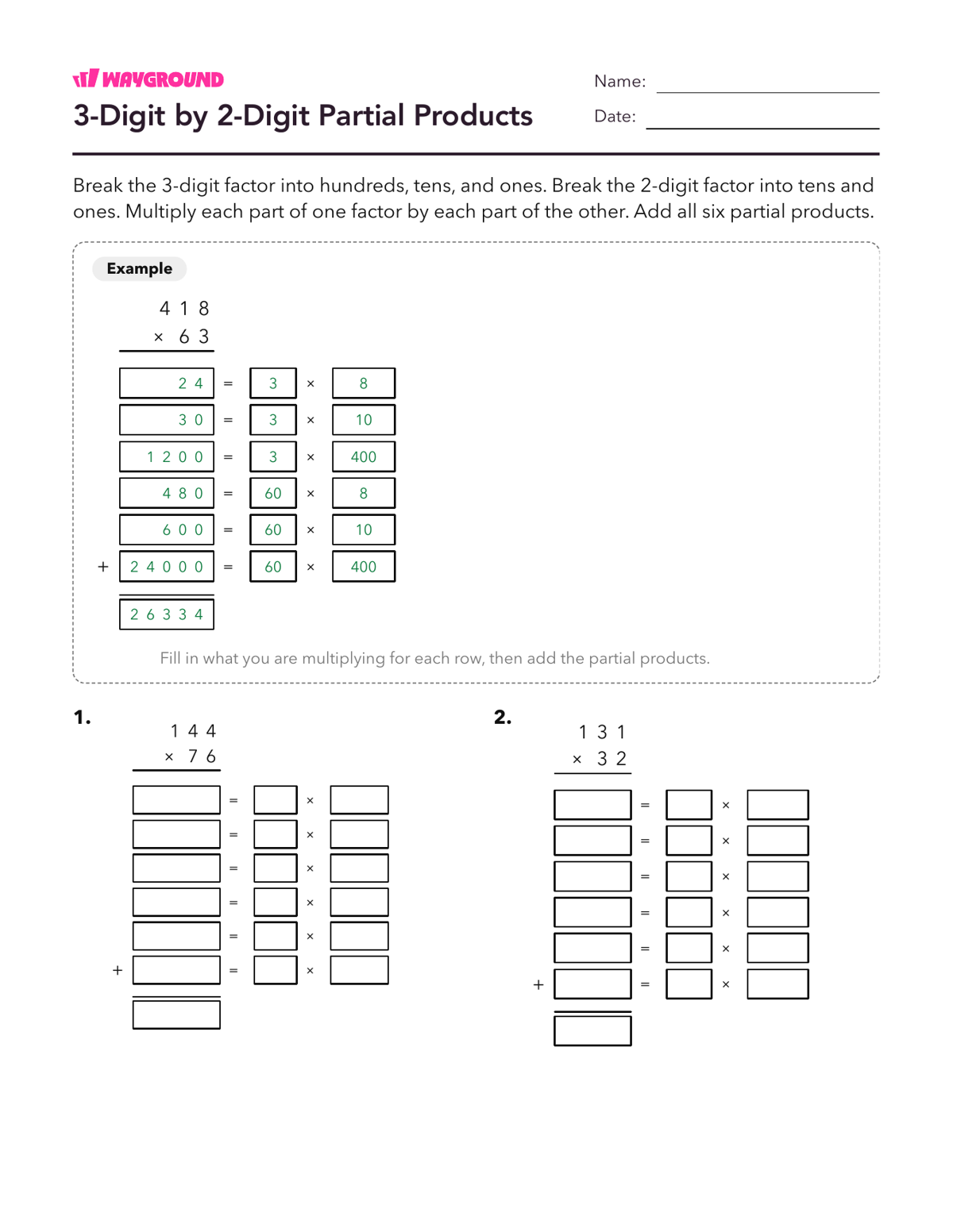 3-Digit by 2-Digit Partial Products - Printable Multiplication-and-partial-products Worksheets - Wayground