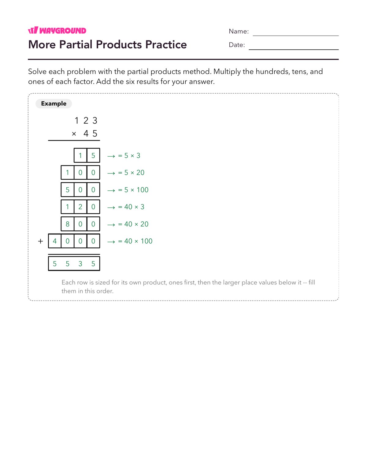 More Partial Products Practice - Printable Multiplication-and-partial-products Worksheets - Wayground
