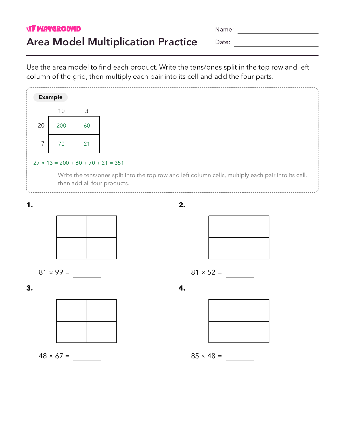 Area Model Multiplication Practice - Printable Multiplication-and-partial-products Worksheets - Wayground