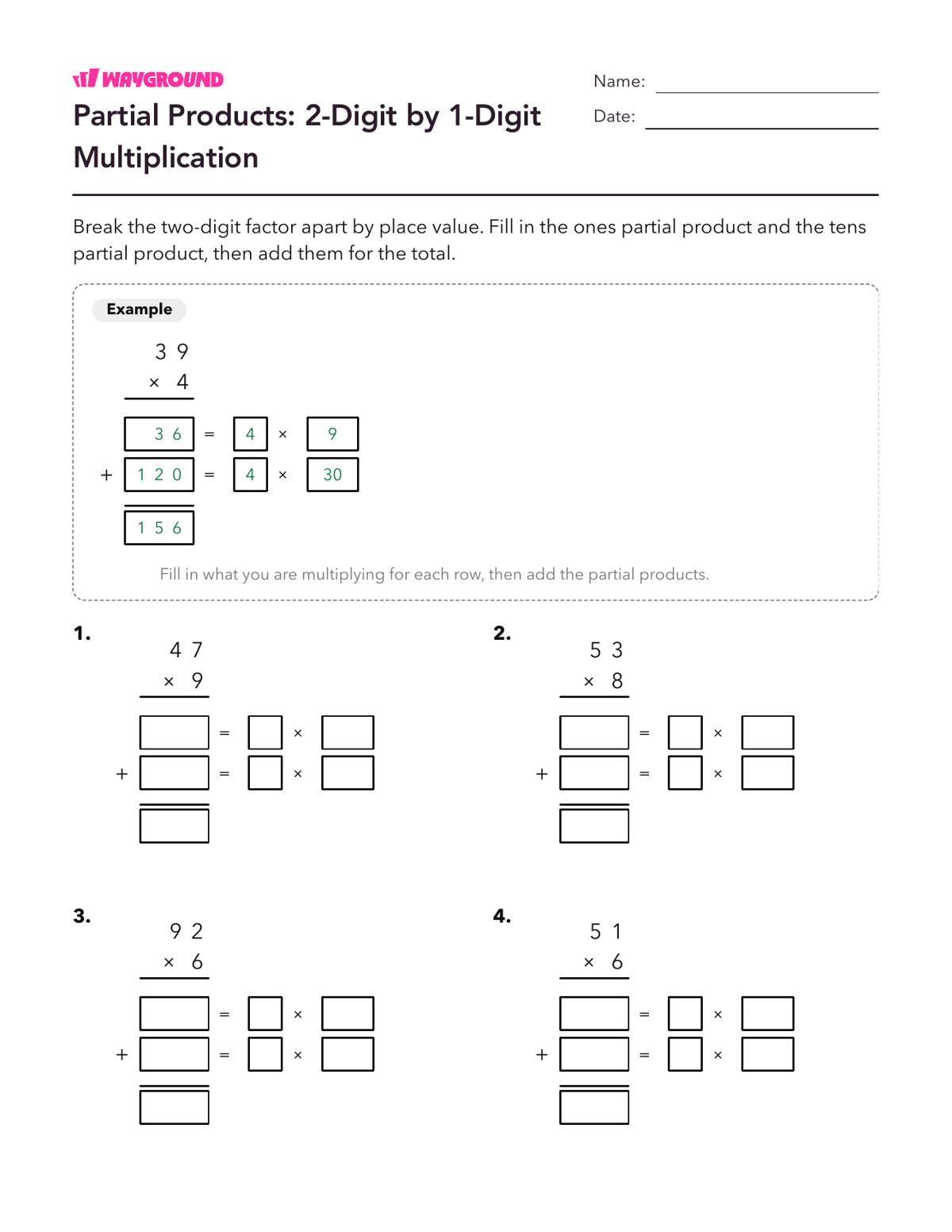 Partial Products: 2-Digit by 1-Digit Multiplication - Printable Multiplication-and-partial-products Worksheets - Wayground