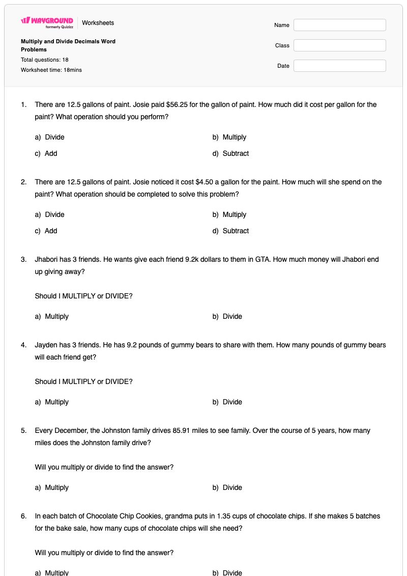 Multiply and Divide Decimals Word Problems - พิมพ์ได้ Decimal-word-problems เวิร์กชีท - Wayground