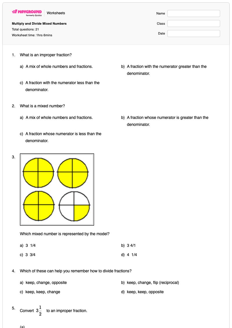 Multiply and Divide Mixed Numbers  - พิมพ์ได้ Mixed-multiplication-and-division เวิร์กชีท ระดับ 6 - Wayground