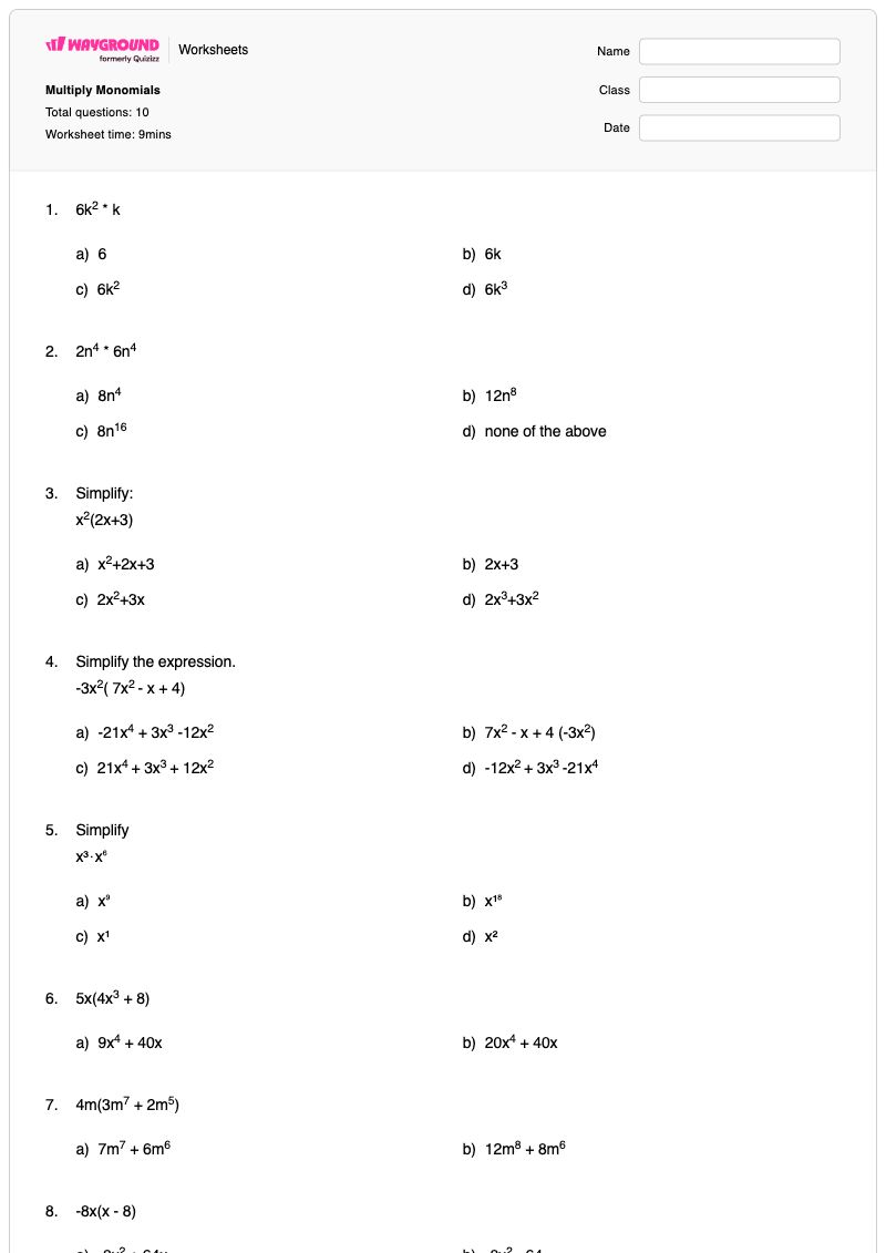 Multiply Monomials - พิมพ์ได้ การดำเนินการเอกนาม เวิร์กชีท ระดับ 7 - Wayground